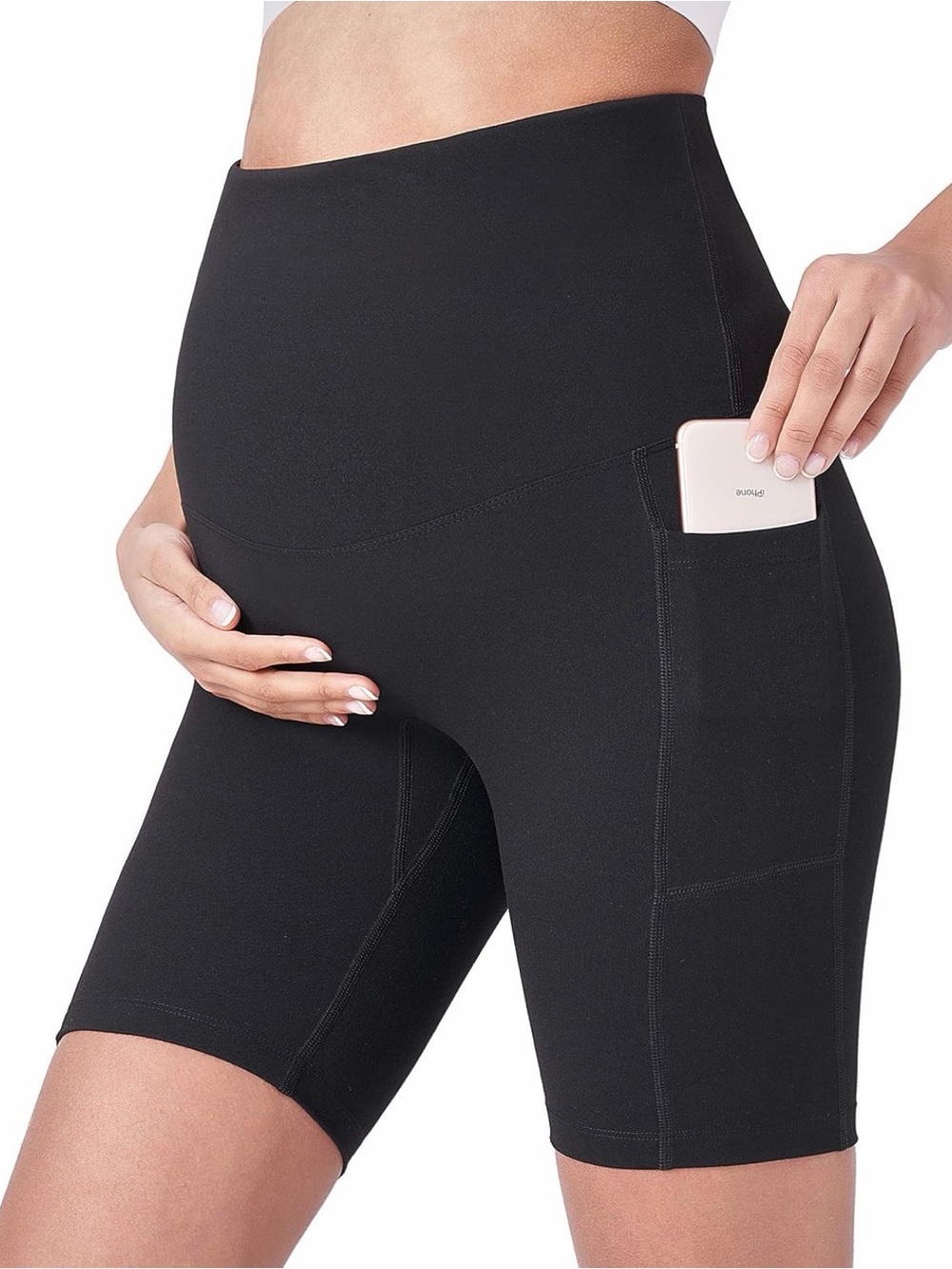 High-Waist Maternity Bike Shorts with Side Pocket - Black